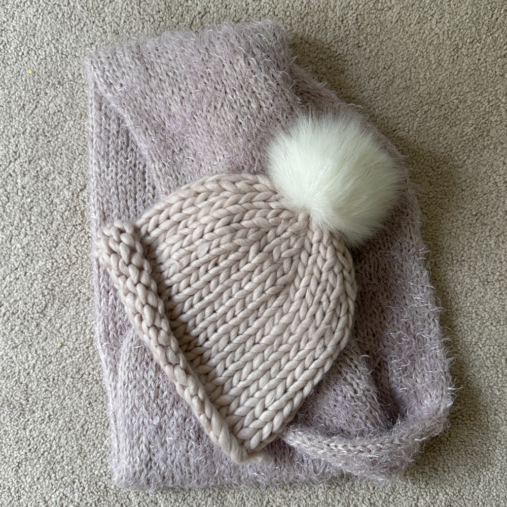 Cozy Knit Beanie with Pom Pom and scarf